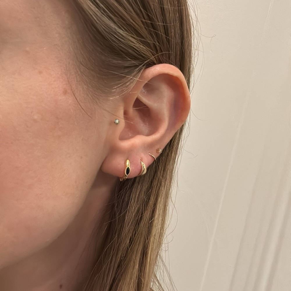 Gold plated sterling silver and black onyx hoops huggie hoop earrings